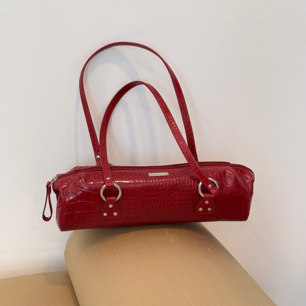 Lauren Ralph Lauren Red Croc-Embossed Shoulder Bag